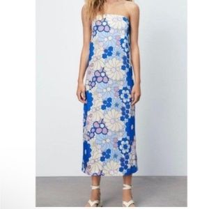 Zara Retro Floral Strapless Dress Midi Dress size xs